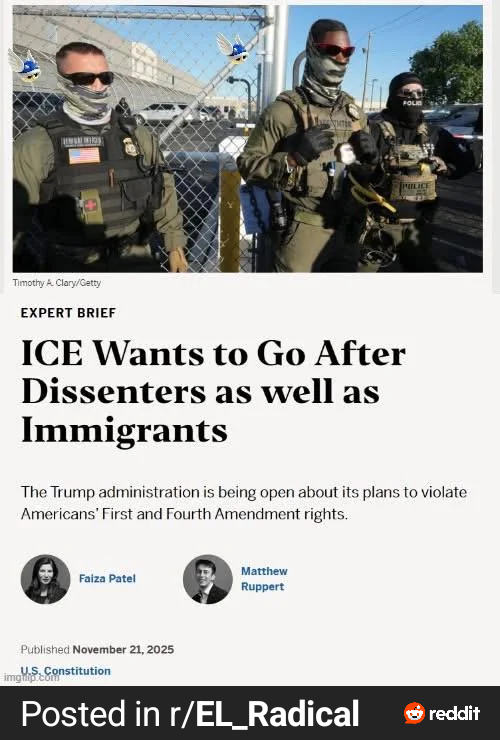 Three armed and uniformed officers stand together, above a headline discussing ICE targeting dissenters and immigrants.